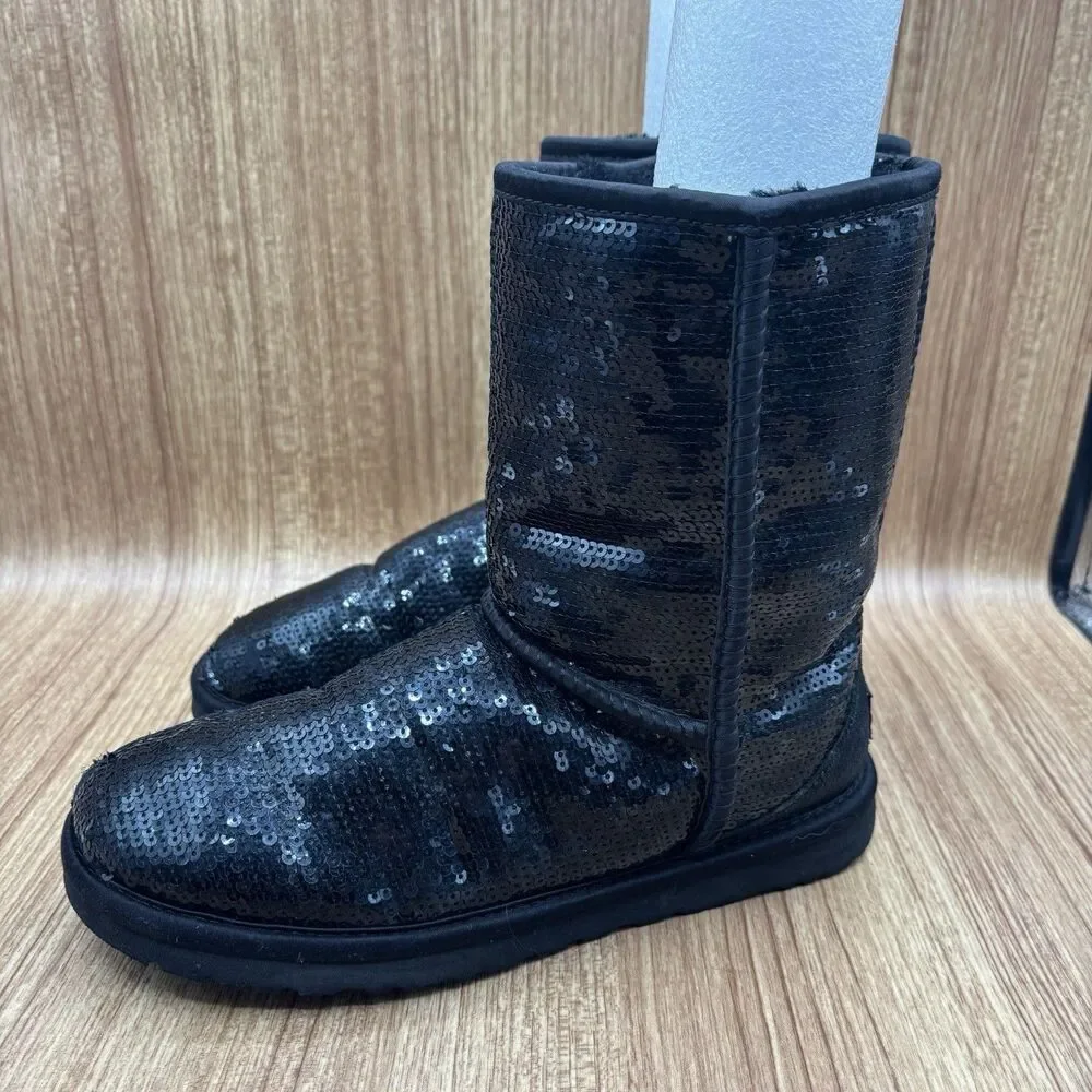 UGG CLASSIC SHORT SEQUIN SPARKLES BLACK BOOTS US 6/ EU‎ 37/ UK 4.5